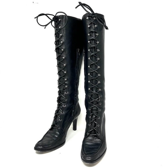 New Michael Kors Size 8 Black Lace-Up Knee-High Heeled Boots - Picture 1 of 7